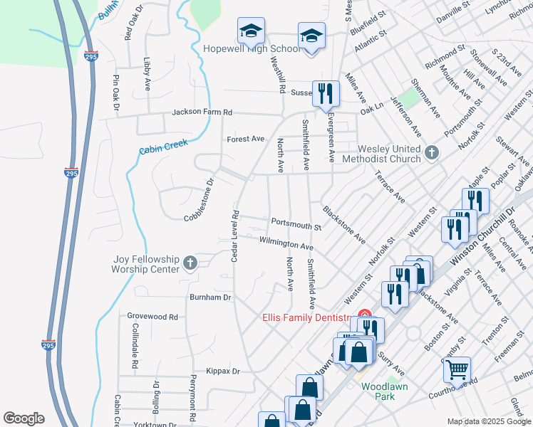 map of restaurants, bars, coffee shops, grocery stores, and more near 3609 Portsmouth Street in Hopewell