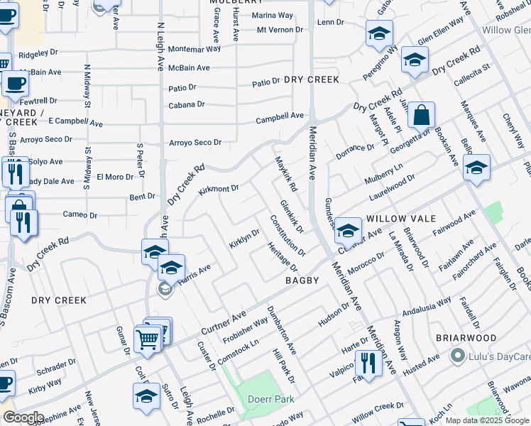map of restaurants, bars, coffee shops, grocery stores, and more near 2192 Northampton Drive in San Jose