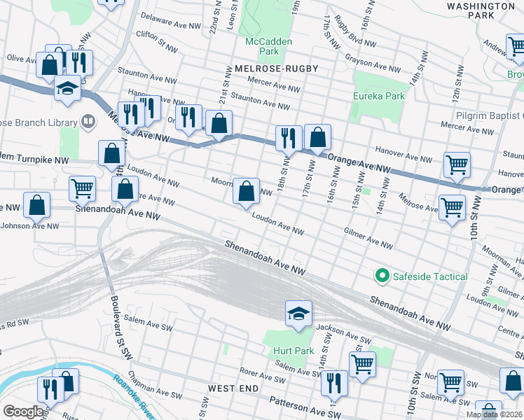 map of restaurants, bars, coffee shops, grocery stores, and more near 1811 Loudon Avenue Northwest in Roanoke