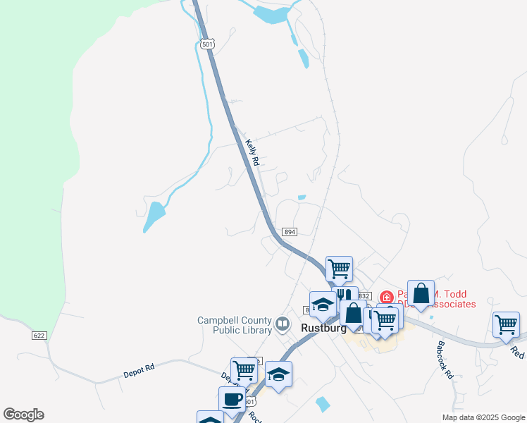 map of restaurants, bars, coffee shops, grocery stores, and more near 436 Campbell Highway in Rustburg