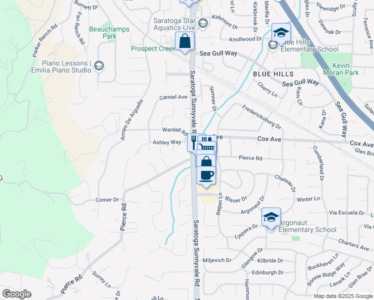 map of restaurants, bars, coffee shops, grocery stores, and more near 12795 Saratoga Sunnyvale Road in Saratoga
