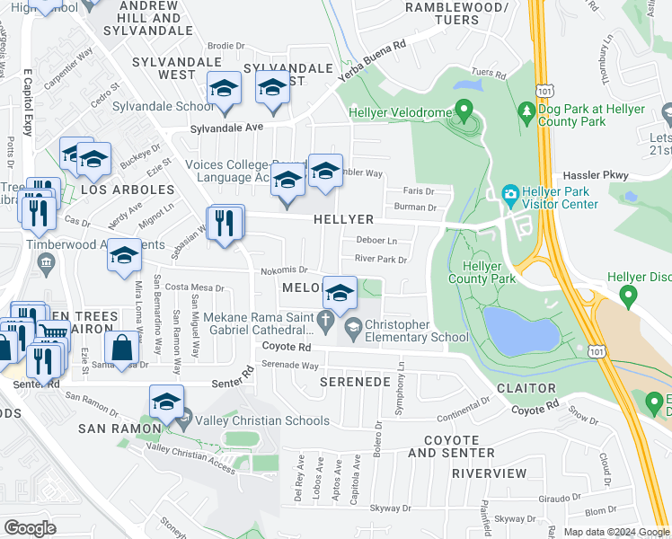 map of restaurants, bars, coffee shops, grocery stores, and more near 691 Nokomis Drive in San Jose