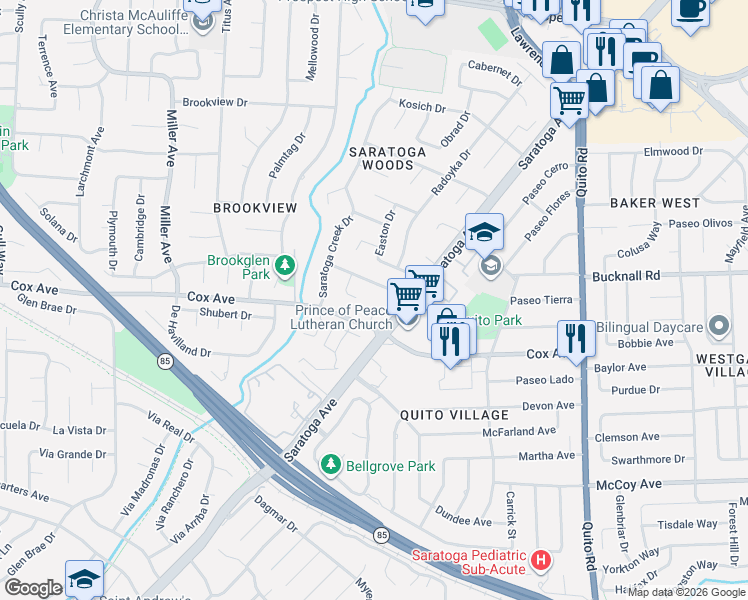 map of restaurants, bars, coffee shops, grocery stores, and more near 12824 Saratoga Glen Court in Saratoga