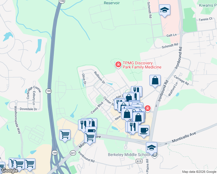 map of restaurants, bars, coffee shops, grocery stores, and more near 4300 Annamary Way in Williamsburg