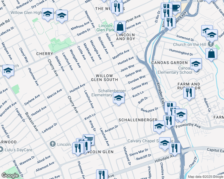 map of restaurants, bars, coffee shops, grocery stores, and more near 2532 Marsha Way in San Jose