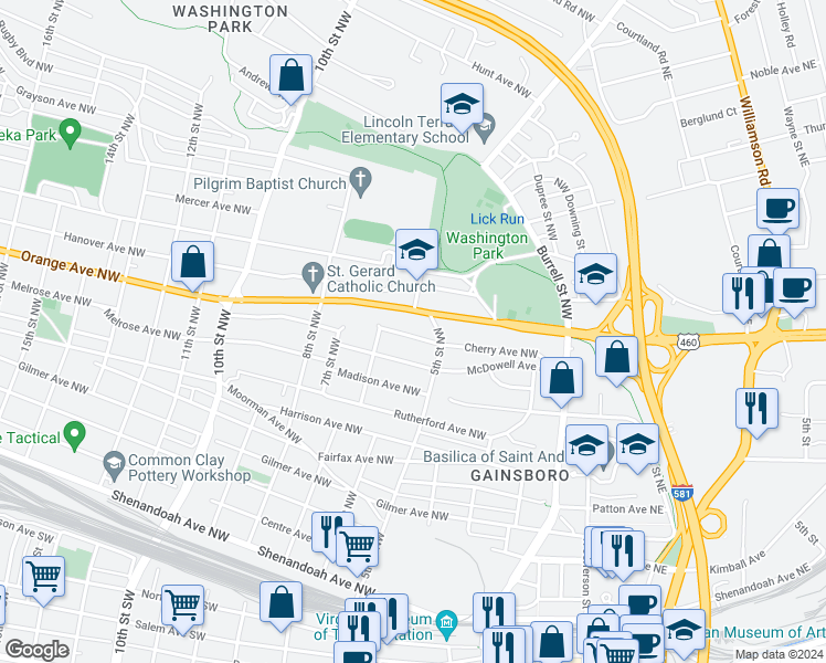 map of restaurants, bars, coffee shops, grocery stores, and more near 527 Chestnut Avenue Northwest in Roanoke