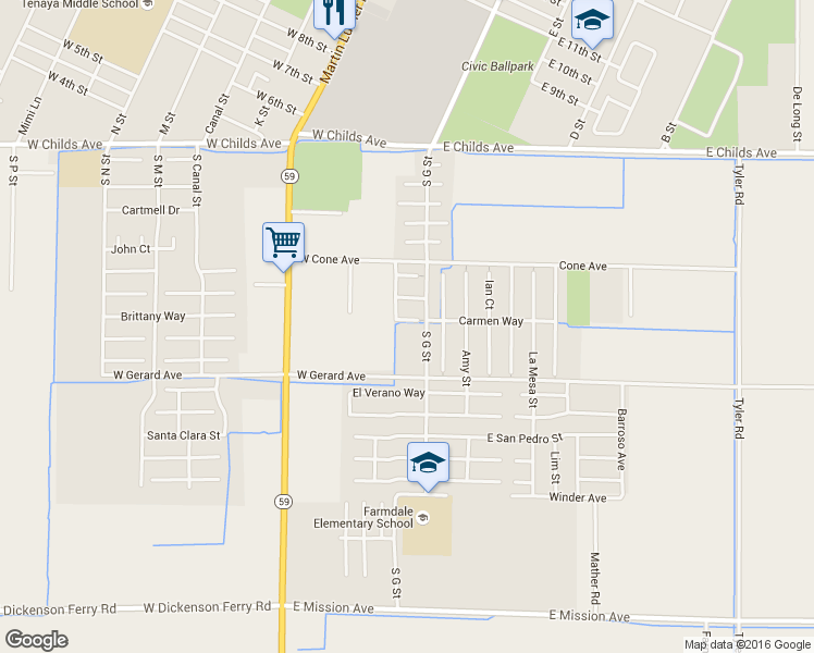 map of restaurants, bars, coffee shops, grocery stores, and more near 64 Belize Court in Merced