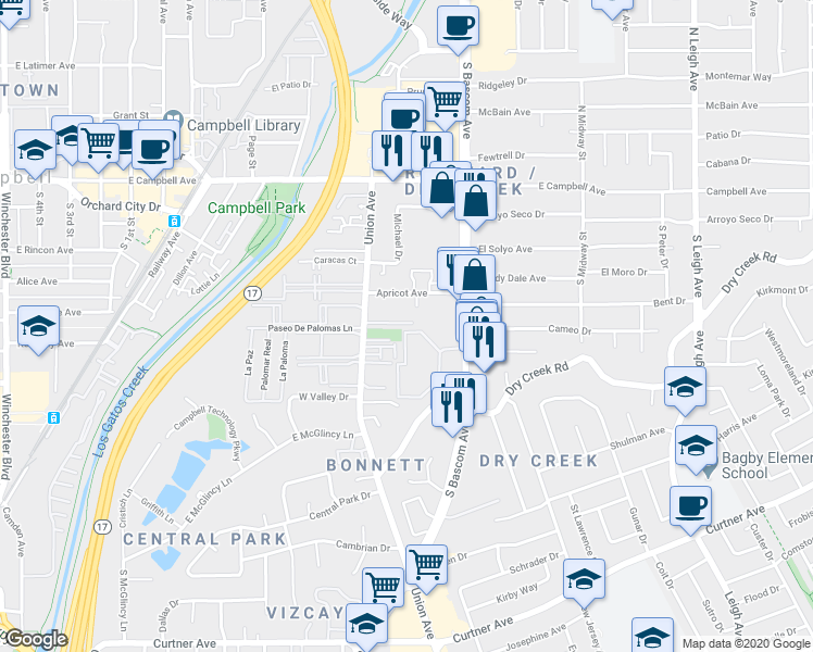 map of restaurants, bars, coffee shops, grocery stores, and more near 300 Union Avenue in Campbell