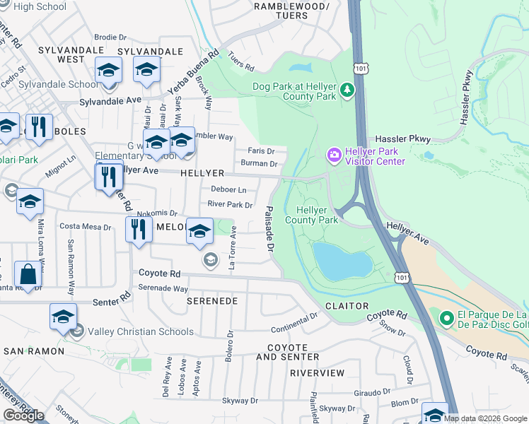 map of restaurants, bars, coffee shops, grocery stores, and more near 4351 Palisade Drive in San Jose