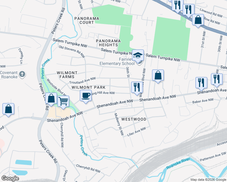 map of restaurants, bars, coffee shops, grocery stores, and more near 3651 Rolling Hill Avenue Northwest in Roanoke