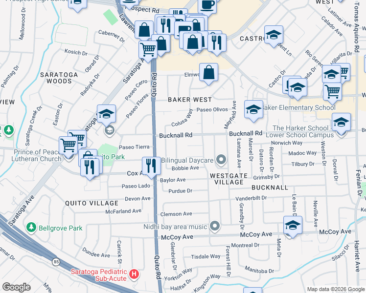 map of restaurants, bars, coffee shops, grocery stores, and more near 5178 Shalen Court in San Jose