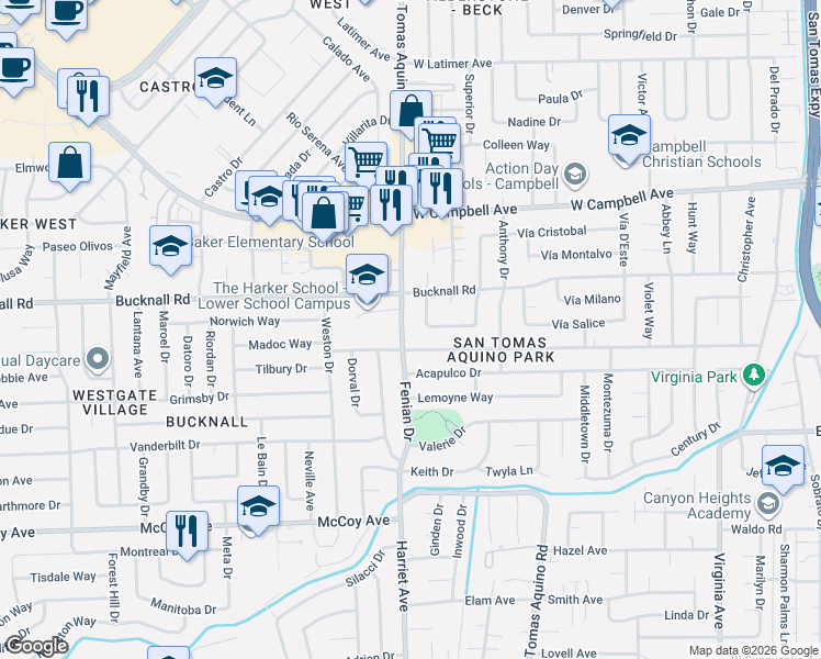 map of restaurants, bars, coffee shops, grocery stores, and more near 2170 South San Tomas Aquino Road in Campbell