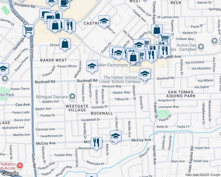 map of restaurants, bars, coffee shops, grocery stores, and more near 4592 Norwich Way in San Jose