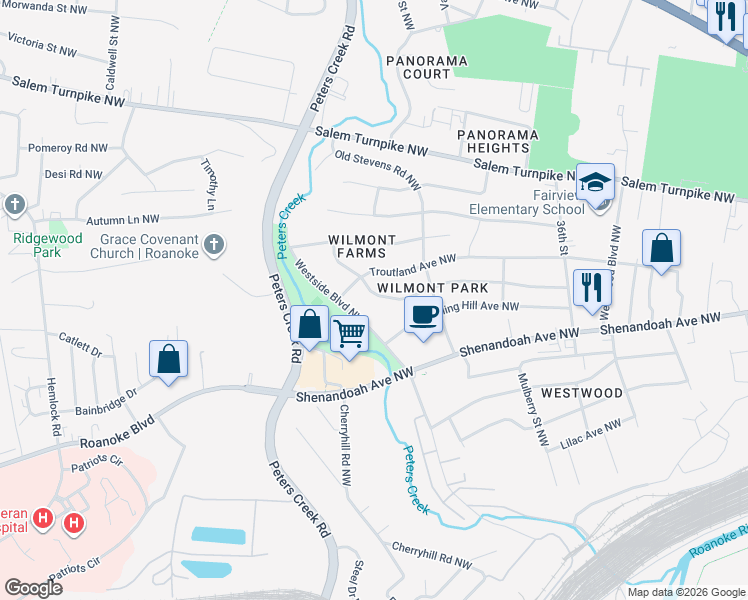 map of restaurants, bars, coffee shops, grocery stores, and more near 3856 Wilmont Avenue Northwest in Roanoke
