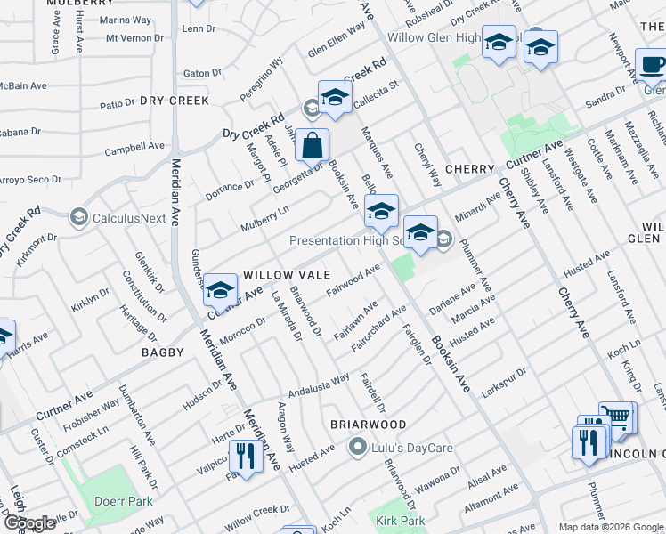 map of restaurants, bars, coffee shops, grocery stores, and more near 2357 Valencia Court in San Jose