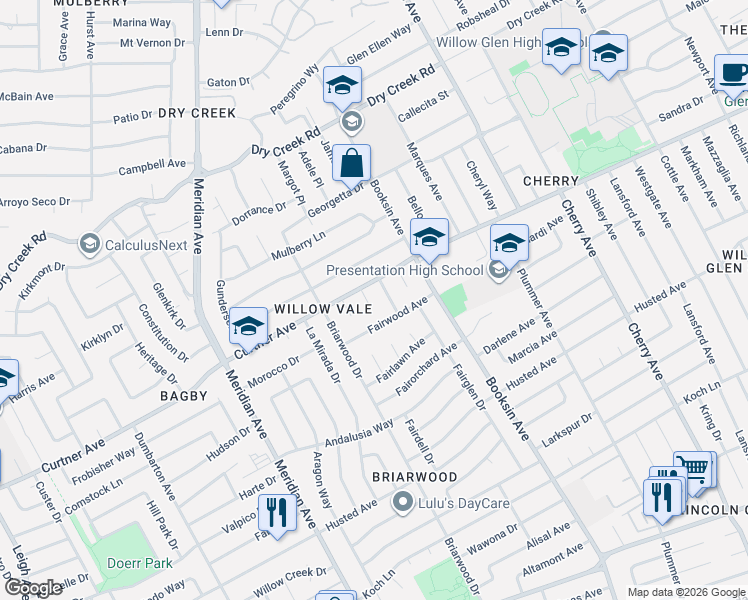map of restaurants, bars, coffee shops, grocery stores, and more near 2357 Valencia Court in San Jose