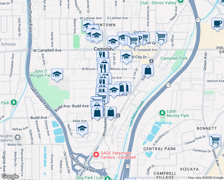 map of restaurants, bars, coffee shops, grocery stores, and more near 72 Sunnyside Avenue in Campbell