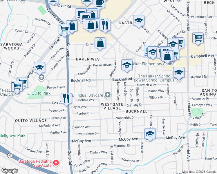 map of restaurants, bars, coffee shops, grocery stores, and more near 12762 Chaparral Avenue in Saratoga