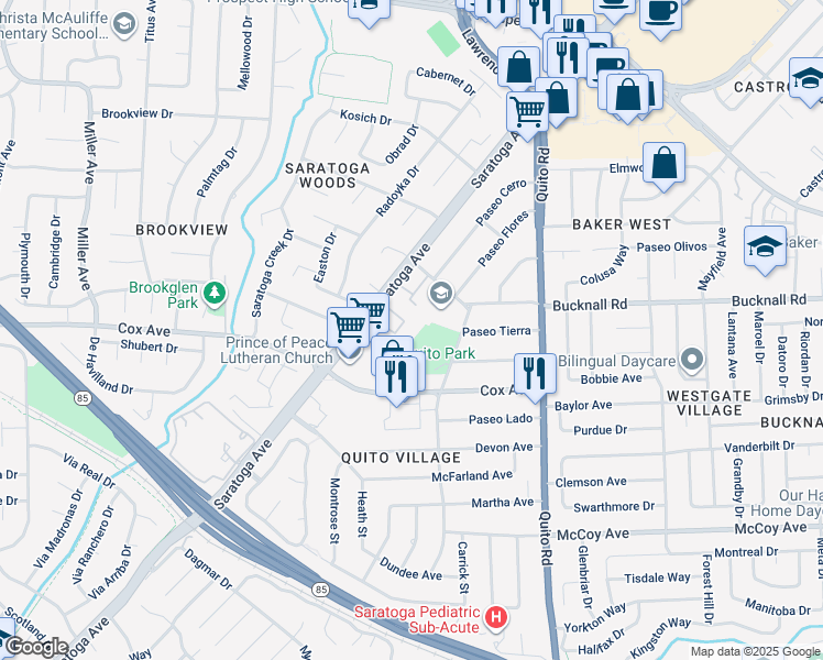 map of restaurants, bars, coffee shops, grocery stores, and more near 18900 Sara Park Circle in Saratoga