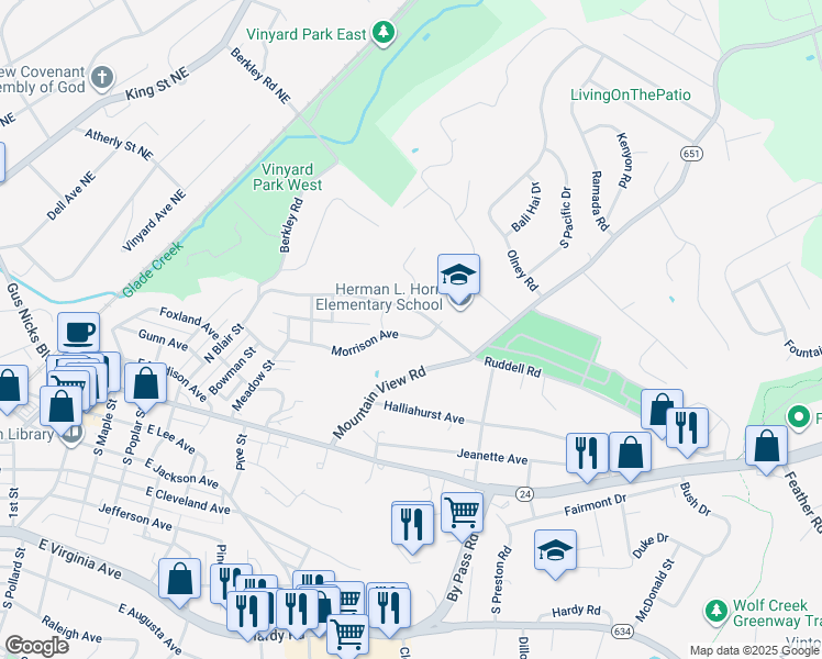 map of restaurants, bars, coffee shops, grocery stores, and more near 828 Morrison Avenue in Vinton