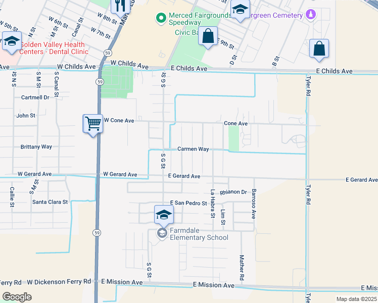 map of restaurants, bars, coffee shops, grocery stores, and more near 409 Connie Court in Merced