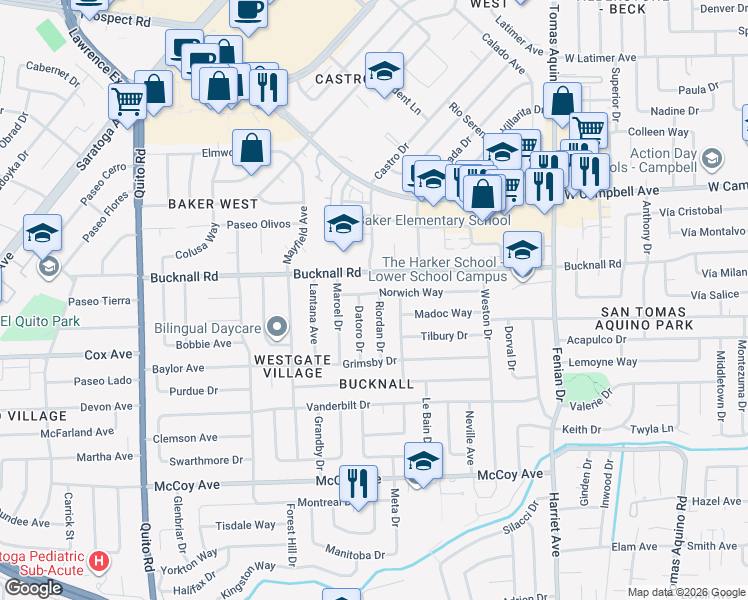 map of restaurants, bars, coffee shops, grocery stores, and more near 2151 Riordan Drive in San Jose