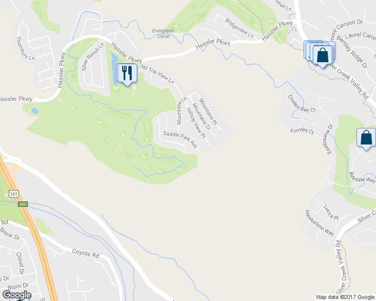 map of restaurants, bars, coffee shops, grocery stores, and more near 1860 Shady Grove Place in San Jose