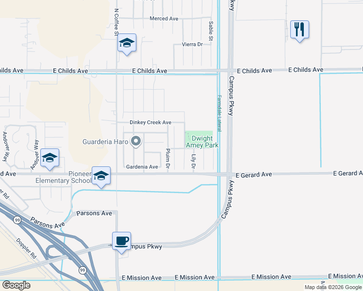 map of restaurants, bars, coffee shops, grocery stores, and more near 395 Albert Drive in Merced