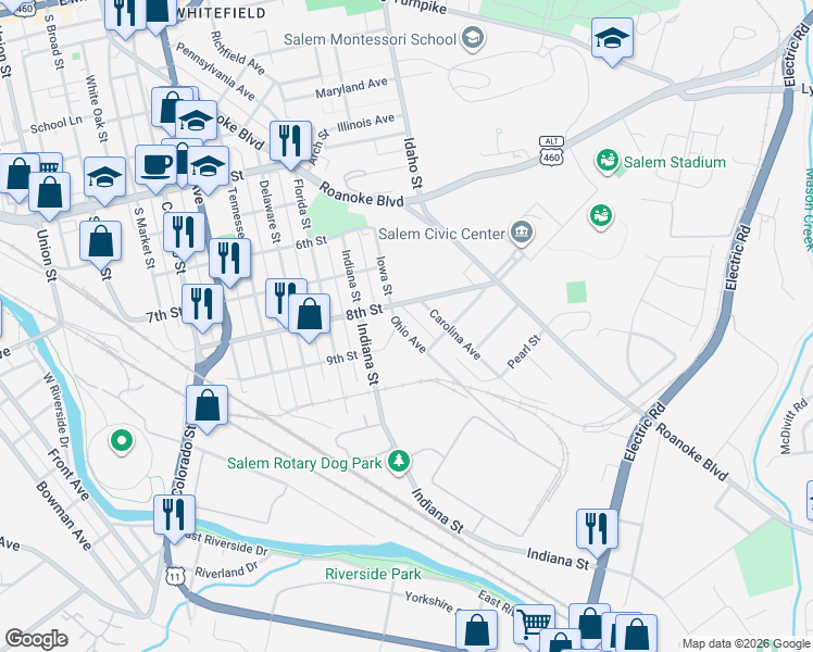map of restaurants, bars, coffee shops, grocery stores, and more near 911 Ohio Street in Salem