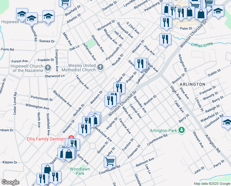 map of restaurants, bars, coffee shops, grocery stores, and more near 2913 Poplar Street in Hopewell