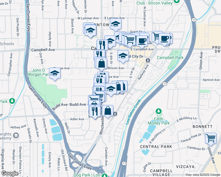 map of restaurants, bars, coffee shops, grocery stores, and more near 72 Sunnyside Avenue in Campbell