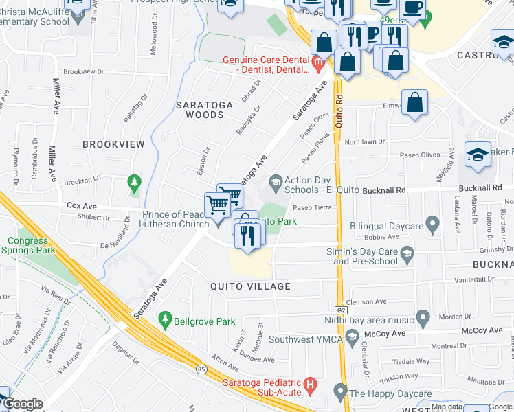 map of restaurants, bars, coffee shops, grocery stores, and more near 18900 Sara Park Circle in Saratoga