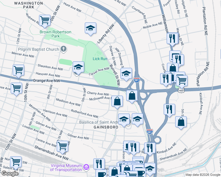 map of restaurants, bars, coffee shops, grocery stores, and more near 192 Orange Avenue Northwest in Roanoke