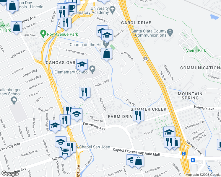 map of restaurants, bars, coffee shops, grocery stores, and more near 805 Romani Court in San Jose