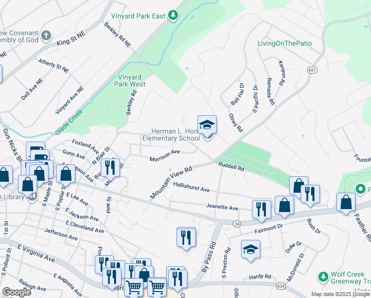 map of restaurants, bars, coffee shops, grocery stores, and more near 828 Morrison Avenue in Vinton