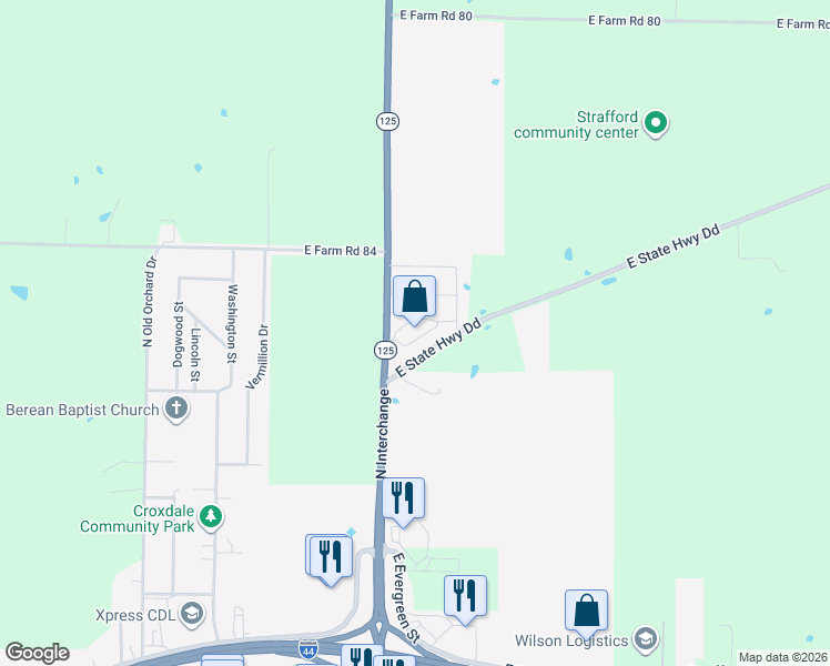 map of restaurants, bars, coffee shops, grocery stores, and more near 700-886 State Highway 125 in Strafford