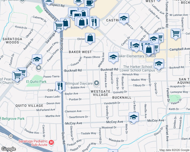 map of restaurants, bars, coffee shops, grocery stores, and more near 12762 Chaparral Avenue in Saratoga