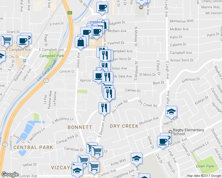 map of restaurants, bars, coffee shops, grocery stores, and more near 285 Moneta Way in Campbell