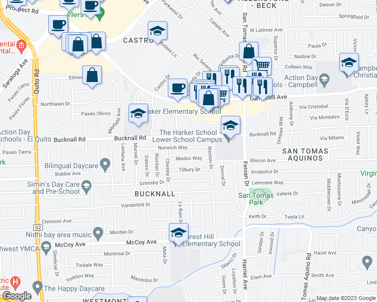 map of restaurants, bars, coffee shops, grocery stores, and more near 4494 Norwich Way in San Jose