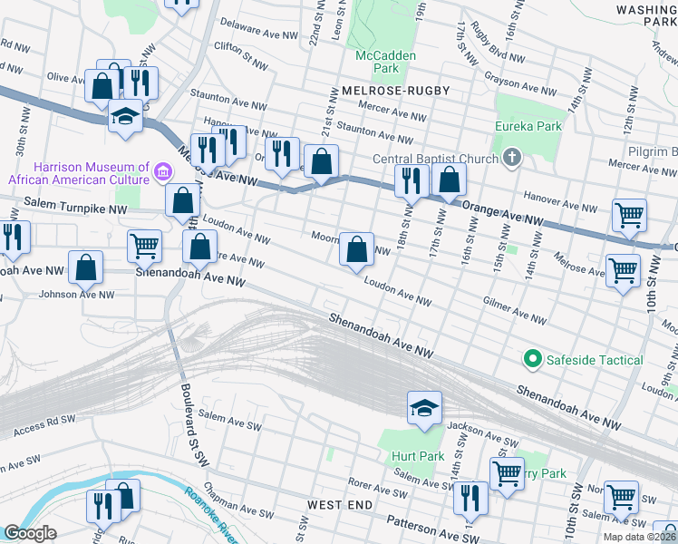 map of restaurants, bars, coffee shops, grocery stores, and more near 1910 Loudon Avenue Northwest in Roanoke