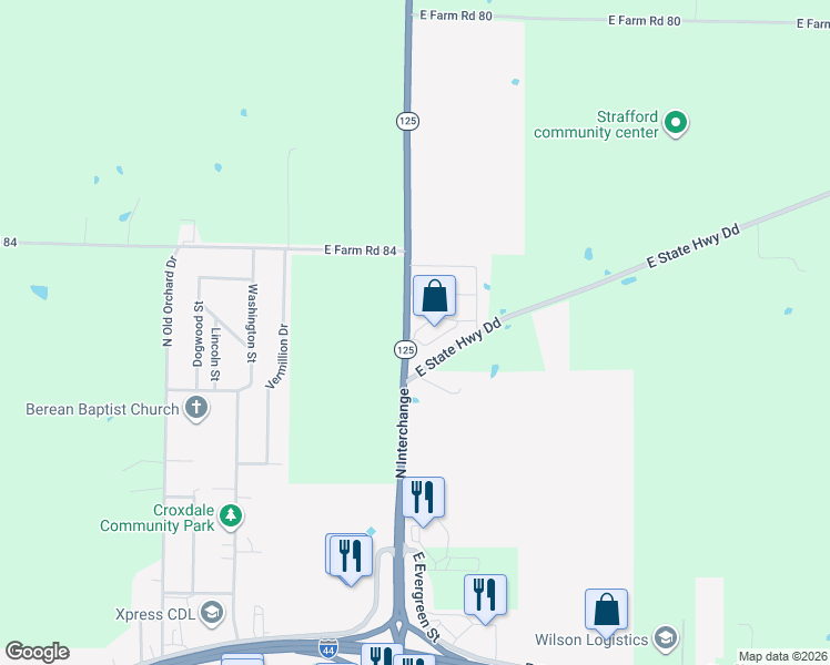 map of restaurants, bars, coffee shops, grocery stores, and more near 700-886 State Highway 125 in Strafford