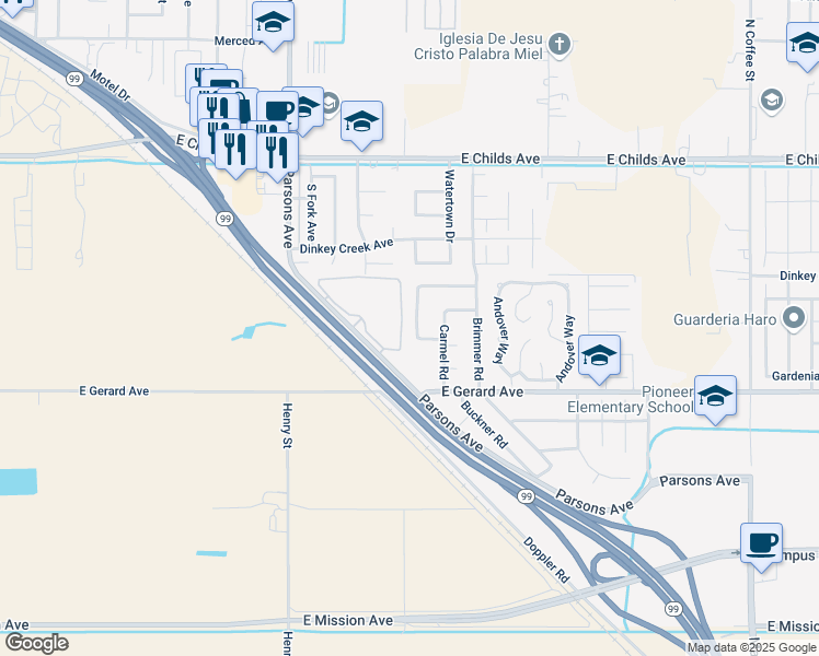map of restaurants, bars, coffee shops, grocery stores, and more near 359 Donner Road in Merced