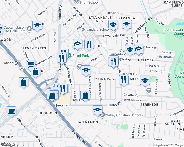 map of restaurants, bars, coffee shops, grocery stores, and more near 336 El Cajon Drive in San Jose