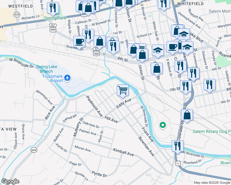 map of restaurants, bars, coffee shops, grocery stores, and more near 1601 Mulberry Street in Salem