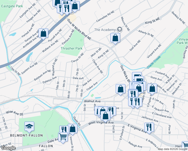 map of restaurants, bars, coffee shops, grocery stores, and more near 435 Vale Avenue in Roanoke