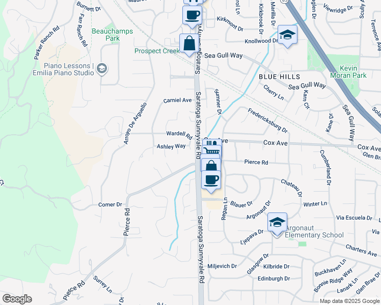 map of restaurants, bars, coffee shops, grocery stores, and more near 12795 Saratoga Sunnyvale Road in Saratoga