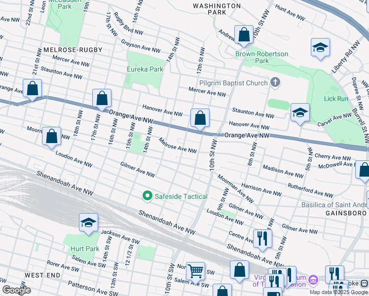 map of restaurants, bars, coffee shops, grocery stores, and more near 1206 Melrose Avenue Northwest in Roanoke