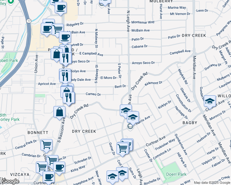 map of restaurants, bars, coffee shops, grocery stores, and more near 1397 Cameo Drive in Campbell