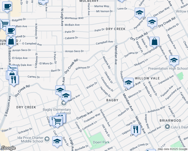 map of restaurants, bars, coffee shops, grocery stores, and more near 2192 Northampton Drive in San Jose