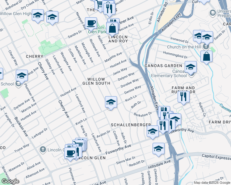 map of restaurants, bars, coffee shops, grocery stores, and more near 2549 Richland Avenue in San Jose